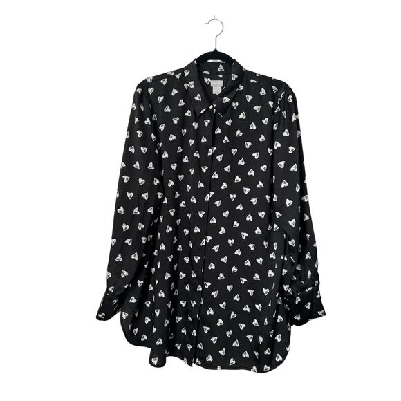 Chicos Top Womens Size 16/18 Black Heart Print Abstract Satin Button Up Blouse - Picture 1 of 10